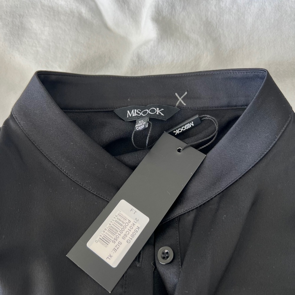 Misook Black Button Down Tunic Mandarin Collar Silver Metallic Trim XL K5081G - Picture 3 of 11